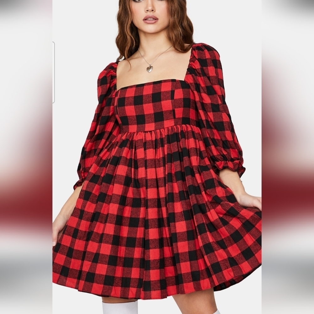 MABLE Red & Black Buffalo Checkered Long  Puff-Sleeve Babydoll Dress. Mediun